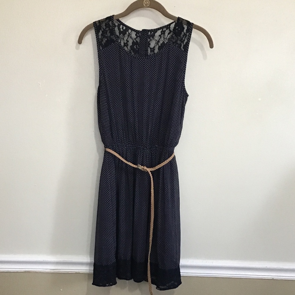 Navy polka dot summer dress with lace accents